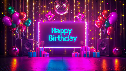 Neon birthday celebration with gifts and balloons under disco lights