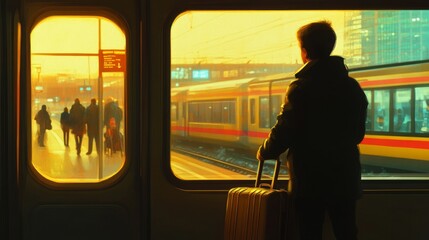 Passenger with a suitcase at his side, watching a bustling station through the train window, generative ai