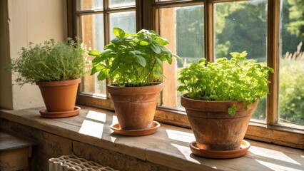 Bright herbs flourish in terracotta pots on windowsills infusing the room with color and life while sunlight streams through multipaned glass windows enhancing the cozy ambiance.