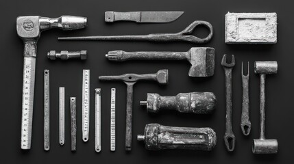 Obraz premium Flat lay of assorted old, grey, metallic tools on black background.