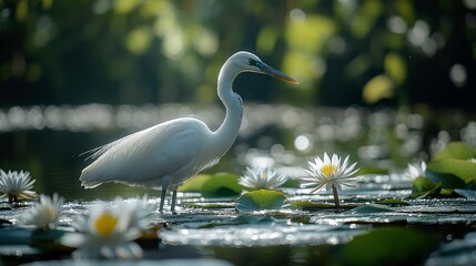 Obraz premium Elegant White Heron Standing Amidst Serene Water Lilies in Tranquil Wetland Environment, Capturing the Beauty of Nature in Soft Morning Light