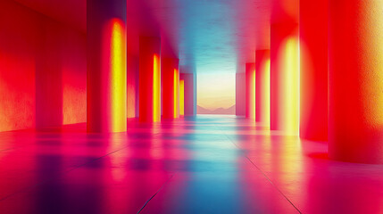 Vibrant sunset in futuristic hallway with colorful columns and mountain view
