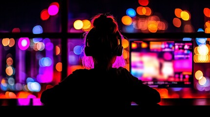 Woman gamer playing video games at night, illuminated by city lights.