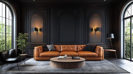 Luxurious dark living room with leather sofa, arched windows, and wall paneling.
