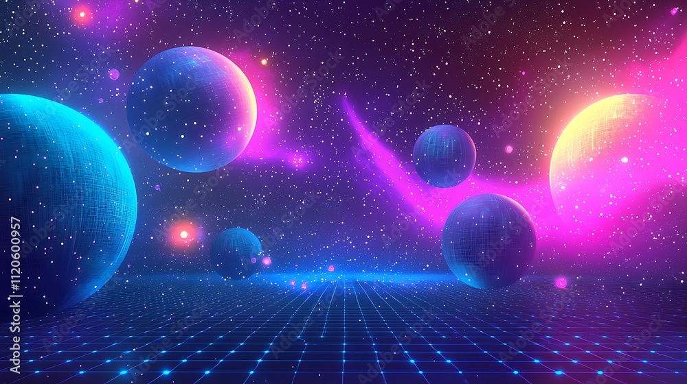 Wall mural digital space with floating holographic elements and moving dots