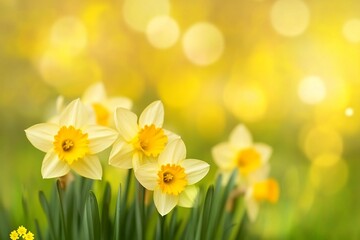 Fototapeta premium Daffodils and daffodils in beautiful natural landscape with bokeh in Background.