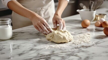 Fototapeta premium Person kneading dough on a marble counter, with ingredients such as eggs and milk. generative ai
