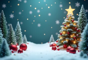 Obraz premium Beautiful Christmas background, elegant Christmas trees in the forest and red Christmas balls on the snow, against the backdrop of falling snowflakes, mint background
