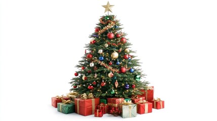 Festive Christmas Tree with Colorful Ornaments and Wrapped Gifts