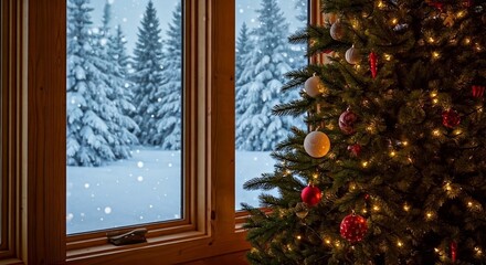 Christmas tree in front of window snowing outside