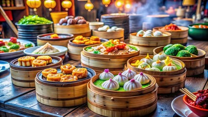 Fototapeta premium Discover the Art of Dim Sum: A Candid Culinary Experience with Steaming Baskets, Colorful Dumplings, and Vibrant Ingredients in a Cozy Restaurant Setting