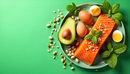Keto diet idea featuring salmon, avocado, eggs, nuts, and seeds on a vibrant green background, viewed from above