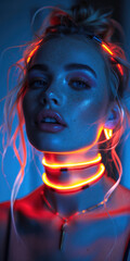 Vertical fashion banner. Beautiful young adult white blonde woman with yellow neon cord around her neck looking at camera on blue background. Female close up portrait. Nightlife, club, party, bar	