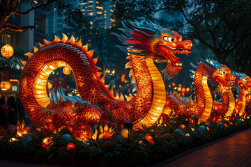 Obraz premium Illuminated dragon decorations bring festive spirit to evening celebration