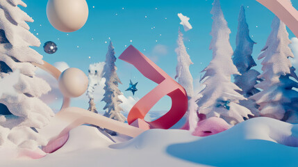 Surreal winter wonderland with abstract shapes and snow-covered trees