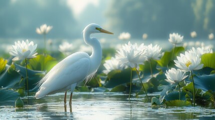 Naklejka premium Graceful White Heron Standing Amidst Lush Green Lily Pads and Elegant White Lotus Flowers in a Soft, Dreamy Morning Light