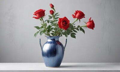 Fototapeta premium Charming red rose in a delicate silver-blue ceramic vase on a soft white background, red rose, floral arrangement