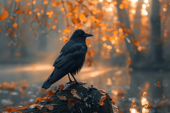 Crow on a stump in the foggy forest at sunset..,.     