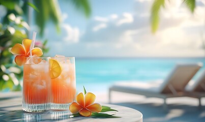 A lively summer scene featuring cocktails with tropical decorations on a stylish table