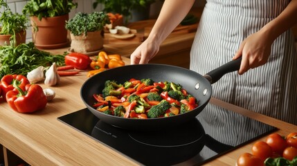 Colorful vegetable stir-fry in rustic kitchen