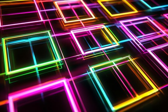 Glowing neon squares rotating with digital glitch effects on black surface