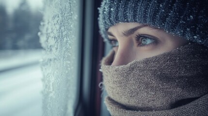 Person with a scarf around his neck, looking through the frosty window of a train generative ai