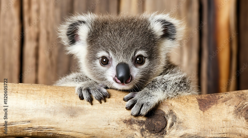 Poster adorable koala bear cub resting on a branch in natural forest environment : generative ai