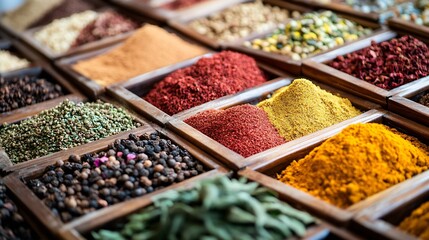 Assorted Spice Display in Wooden Trays for Authentic Market Experience : Generative AI