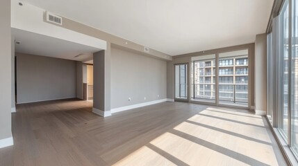Fototapeta premium Modern empty apartment living room with hardwood floors and large windows.