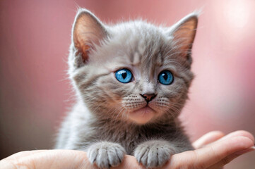 Fototapeta premium Small gray fluffy kitten with blue eyes in the human palm. Kitten in the palm of your hand. 