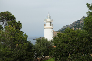 Lighthouse Far Del Cap Gros In Port De Soller Mallorca Spain On A Beautiful Sunny Spring Day With A Clear Blue Sky