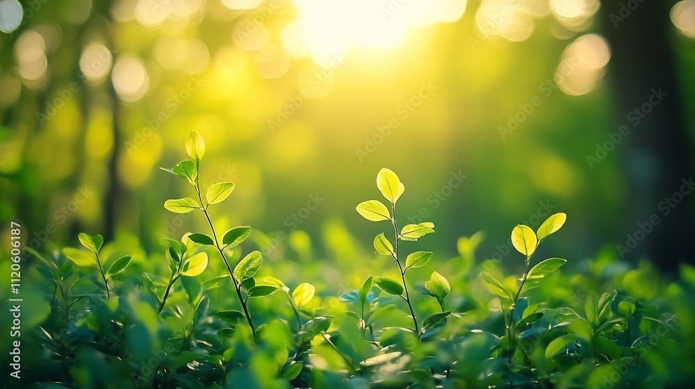 Poster sunlit green leaves in a lush forest creating a vibrant natural scene : generative ai