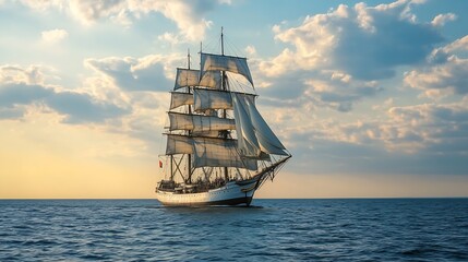Fototapeta premium Elegant Tall Ship Sailing Gracefully on Open Sea Under Blue Sky : Generative AI