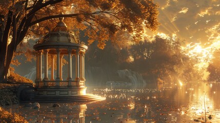 Obraz premium A serene gazebo by a tranquil lake surrounded by autumn foliage and soft sunlight.
