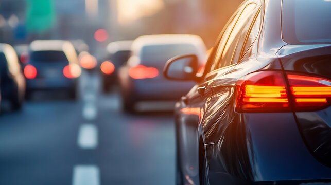 Busy Urban Traffic with Cars at Sunset in City : Generative AI