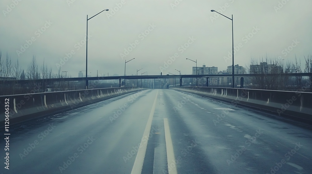 Poster rainsoaked urban bridge with overcast sky and distant city view : generative ai