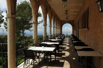Terrace With Great View At Santuari de Cura Mallorca Spain On A Beautiful Sunny Spring Day With A Few Clouds In The Sky
