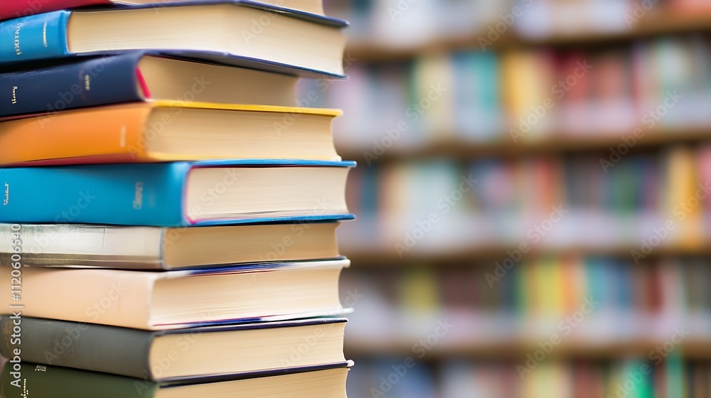 Aufkleber Stack of Multicolored Books in Modern Library with Blurred Bookshelves : Generative AI