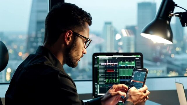 crypto trader investor broker looking charts at phone and laptop