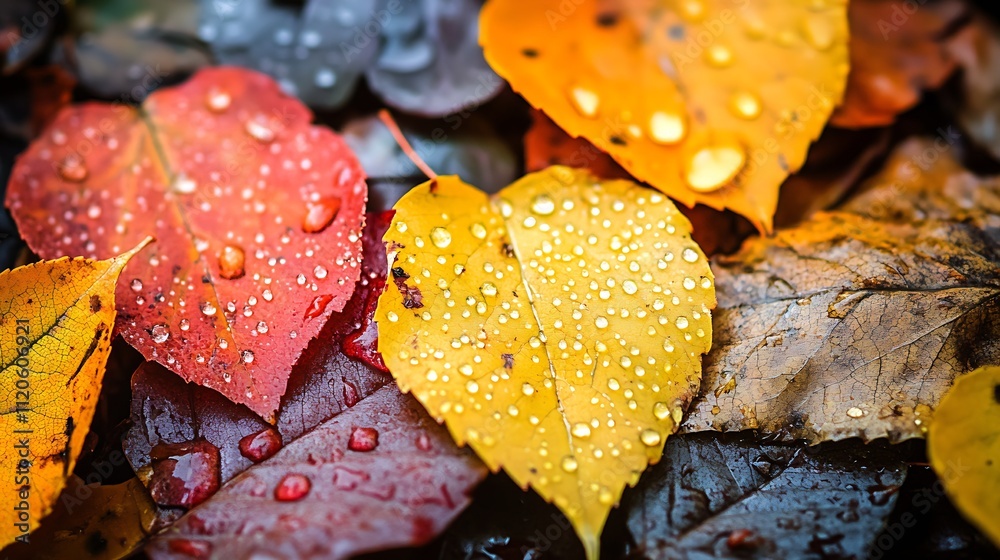 Poster vibrant autumn leaves with dew droplets in close up capture for seasonal themes : generative ai