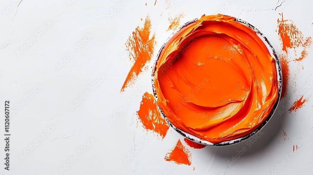 Aufkleber bright orange oil paint in open tin on artistic white canvas background : generative ai