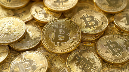 Gold bitcoin coins piled up representing cryptocurrency wealth and investment