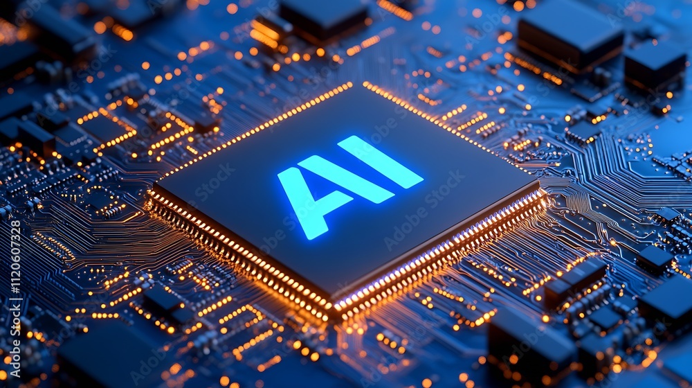 Aufkleber futuristic ai circuit chip illuminated with orange and blue lights on a circuit board : generative a