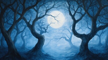 Eerie moonlit forest with twisted trees
