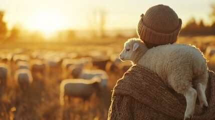 Shepherd carrying a lamb on his shoulders, flock in the distance generative ai