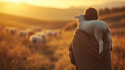 Shepherd carrying a lamb on his shoulders, flock in the distance generative ai