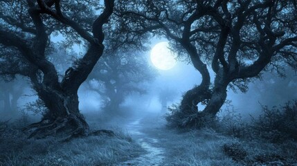 Eerie moonlit forest with twisted trees