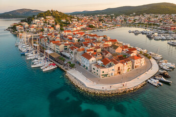 Aerial view of the old town of Tribunj on small island in Adriatic sea, Croatia