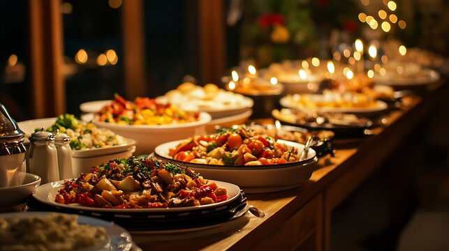 Elegant Buffet Spread with Candlelit Ambiance and Diverse Dishes : Generative AI