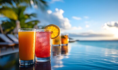 Tropical Cocktails with Infinity Pool Background, Close-up of vibrant cocktails on a glass table
